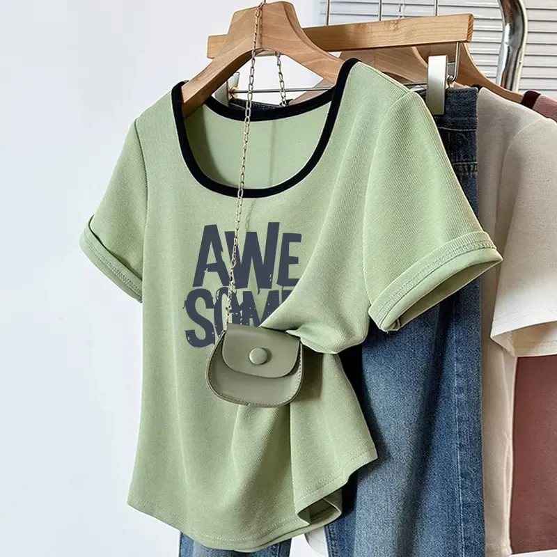 方领正肩短袖t恤女2025新款设计感小众撞色时尚洋气休闲上衣夏季