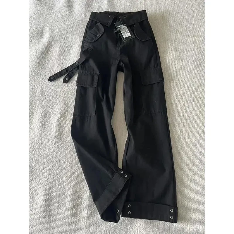 fitcheck黑色绑带设计工装裤男款夏季美式vibe微喇裤子潮牌休闲裤