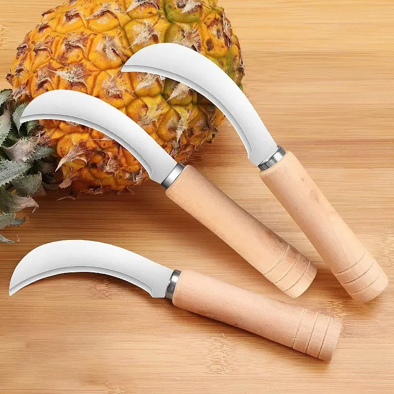 不锈钢木柄小弯刀割菜刀水果蔬菜去皮刀挖野菜菠萝香蕉刀厂家厨房