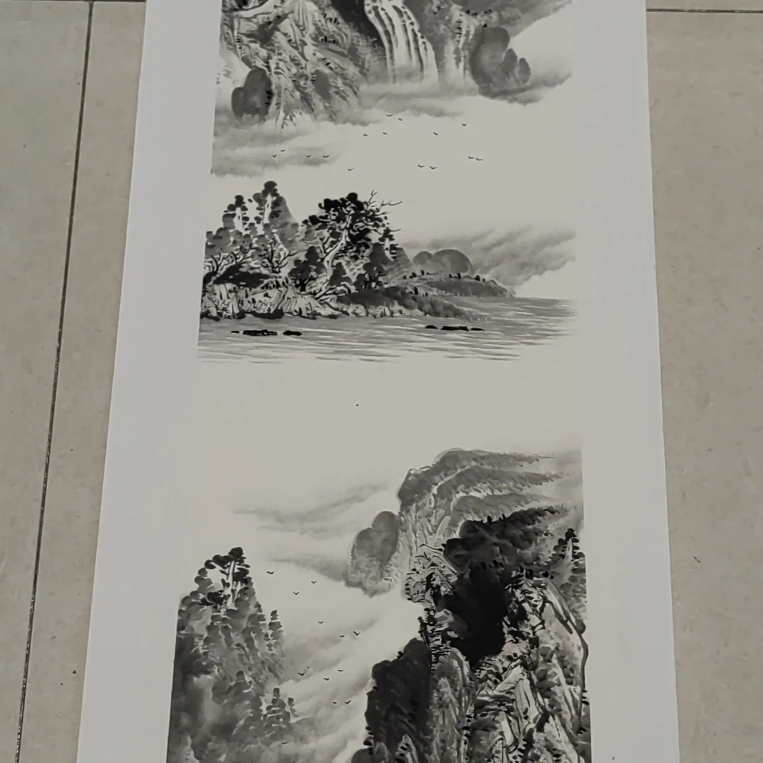 四尺宣纸山水国画传统毛笔书画未裱无框竖幅淡雅带证书