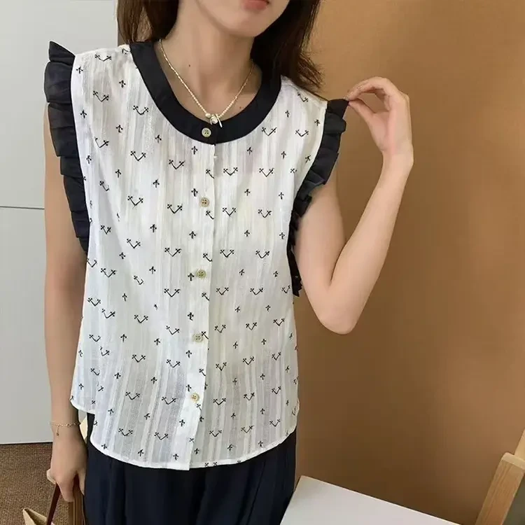 大码微胖撞色飞飞袖小衫2025夏季显瘦百搭甜妹减龄宽松无袖衬衫女