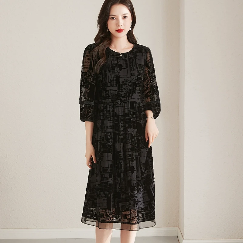 R8650丝绒真丝连衣裙大码高级感桑蚕丝中长款裙子女