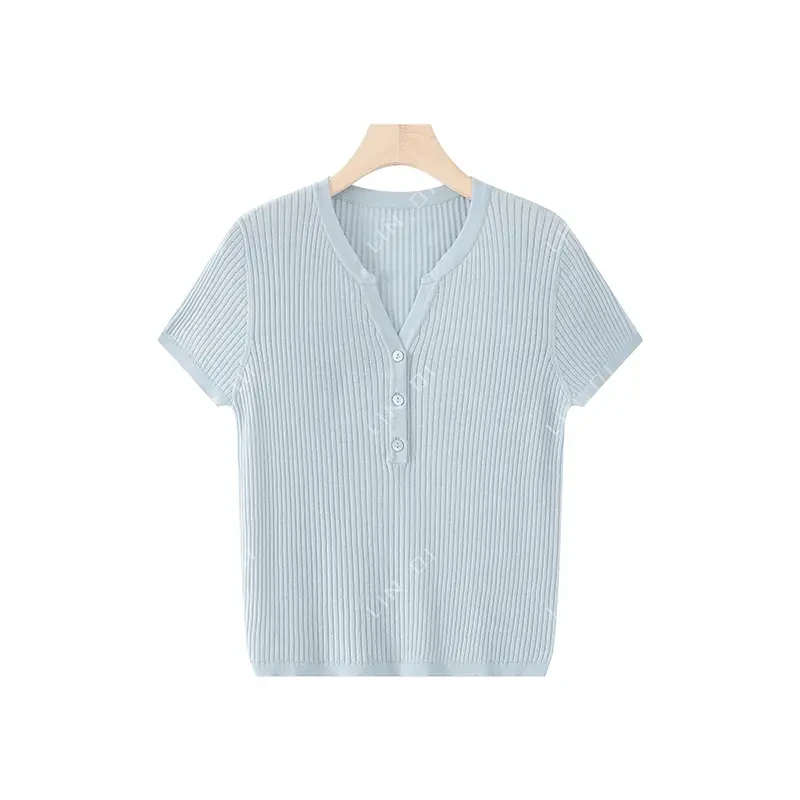 天丝莱赛尔 桑蚕丝薄款套头夏季新款纽扣半开V领针织短袖女薄款