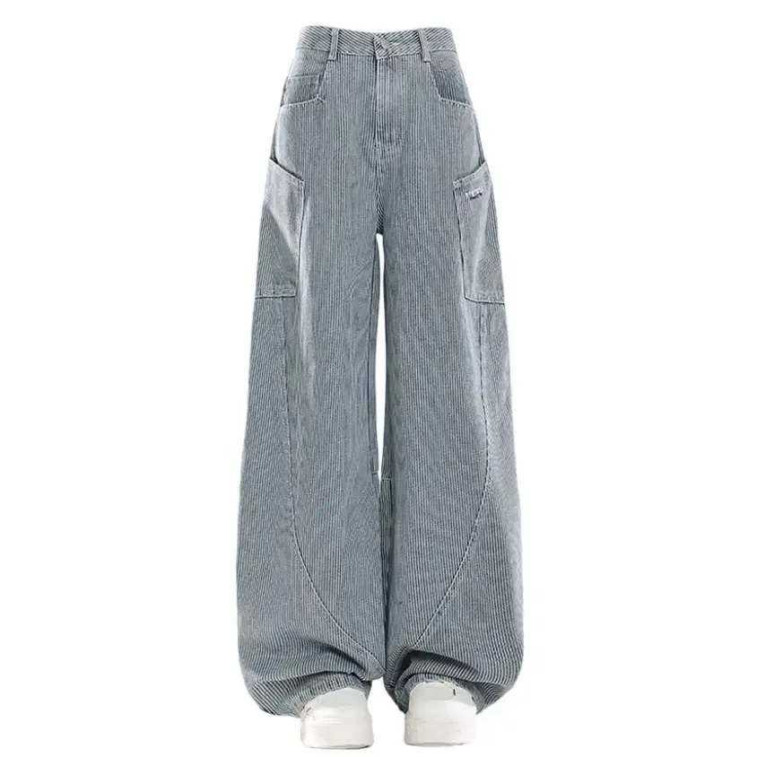 美式复古蓝白竖条纹弯刀工装牛仔裤男女秋季高腰宽松直筒阔腿长裤