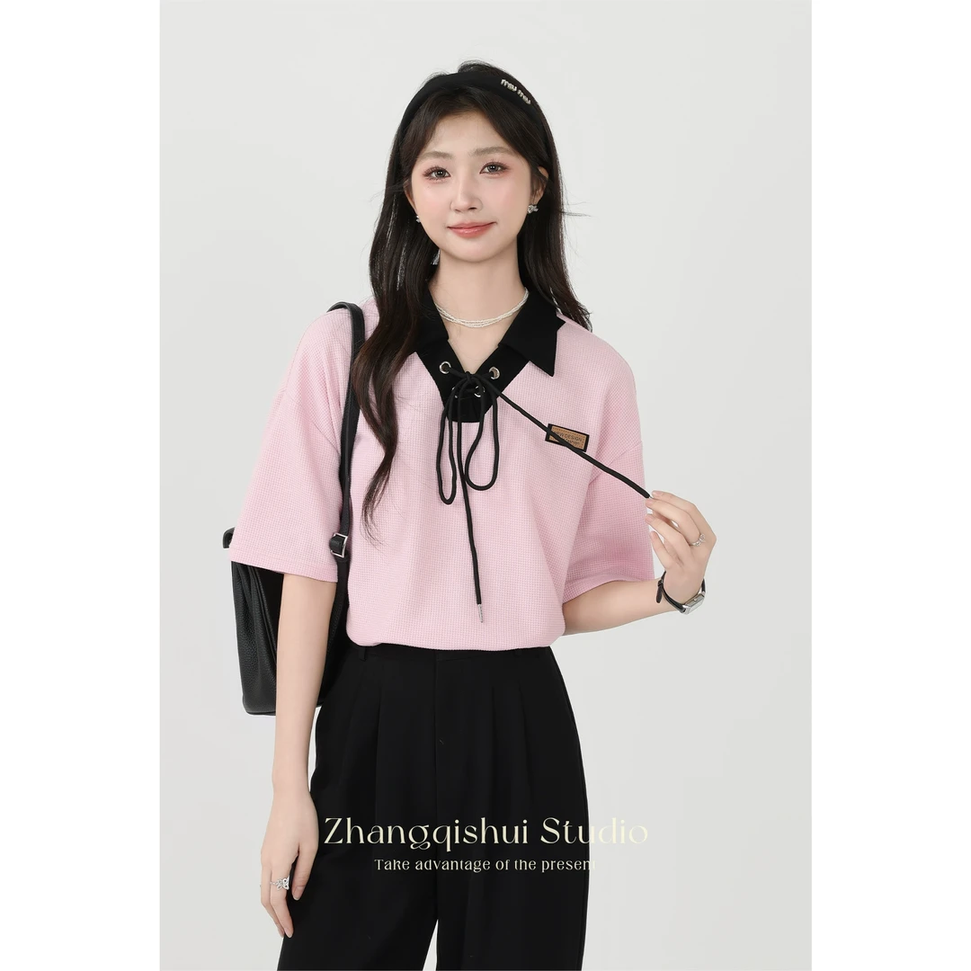 张小小2024夏季新款拼接粉色短袖t恤女正肩翻领小众别致宽松上衣