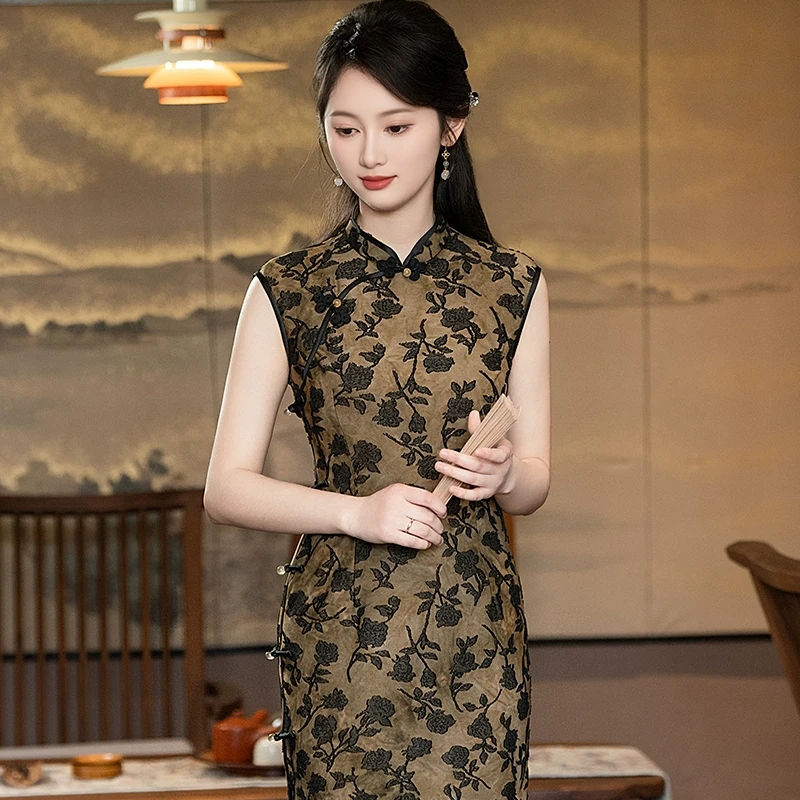 新中式旗袍高端长裙2025夏季无袖老上海日常可穿高档素雅国风礼服