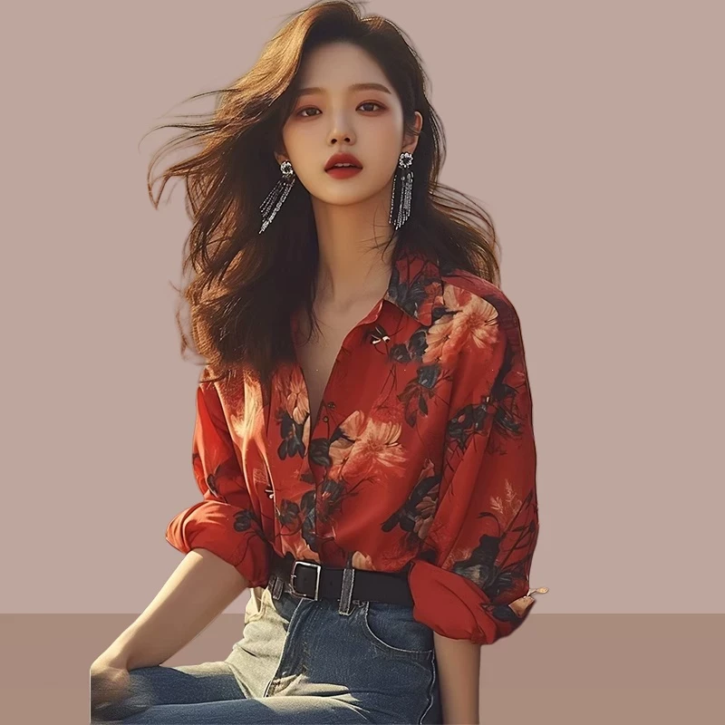 轻熟气质宽松显瘦上衣新款女春季法式小众设计感红色印花衬衫