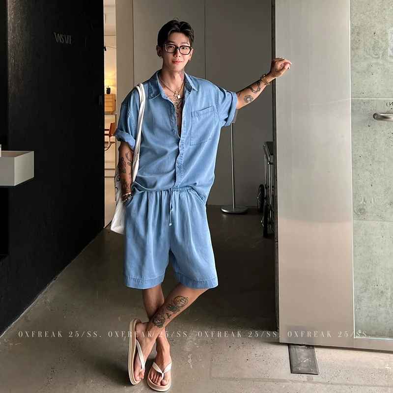 OXFREAK「丝光莱赛尔纤维」老钱风男装夏季套装男薄款短袖衬衫短裤