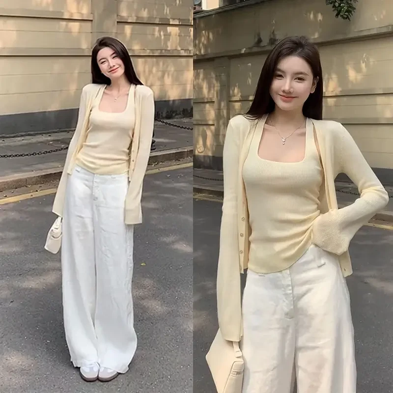早秋韩系穿搭一整套独特漂亮黄色针织开衫背心白色阔腿裤三件套装