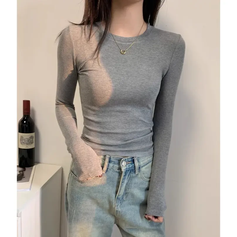 浪莎美式灰色正肩小衫长袖T恤女2025春秋季螺纹内搭打底修身百搭