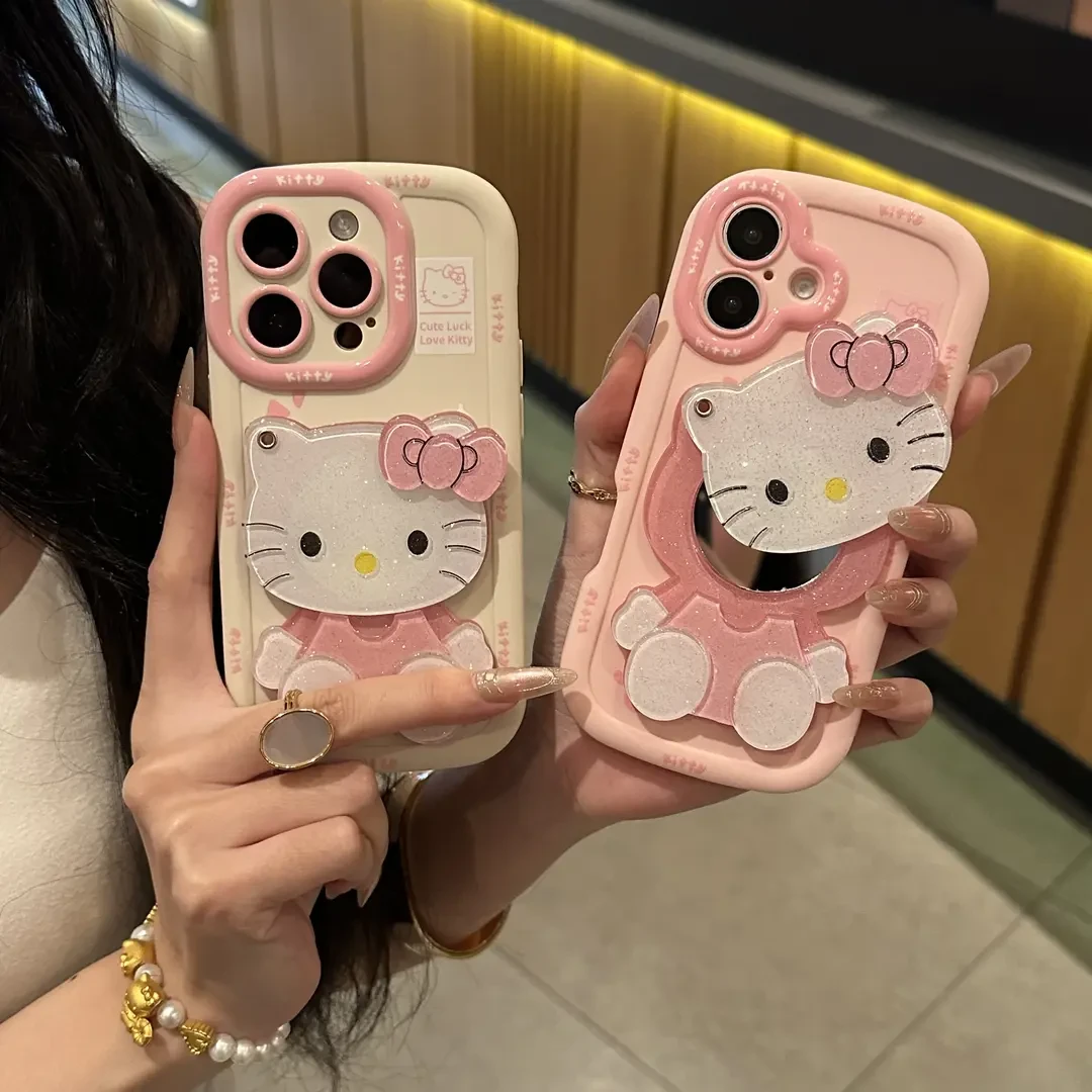 适用粉色Kitty化妆镜苹果16手机壳泡芙iPhone15华为oppo小米vivo