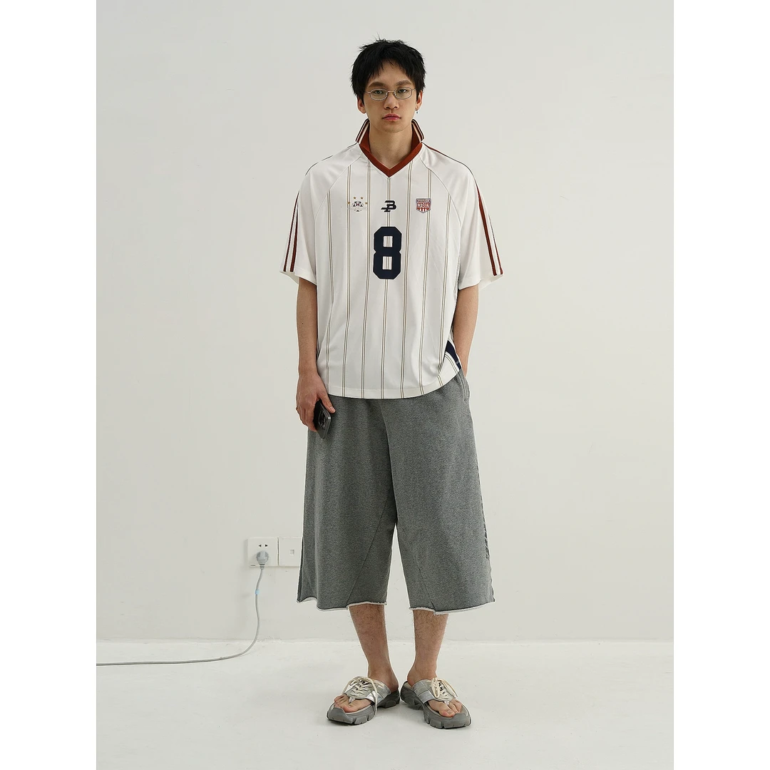 MASONPRINCE*8号选手就位 暗条纹经典杠条拼接鸡心领球衣短袖T恤