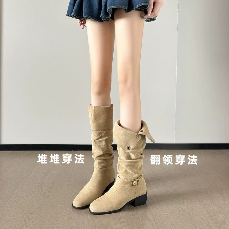 真皮内增高7cm方头堆堆靴女春秋新款复古长筒靴两穿西部牛仔靴女