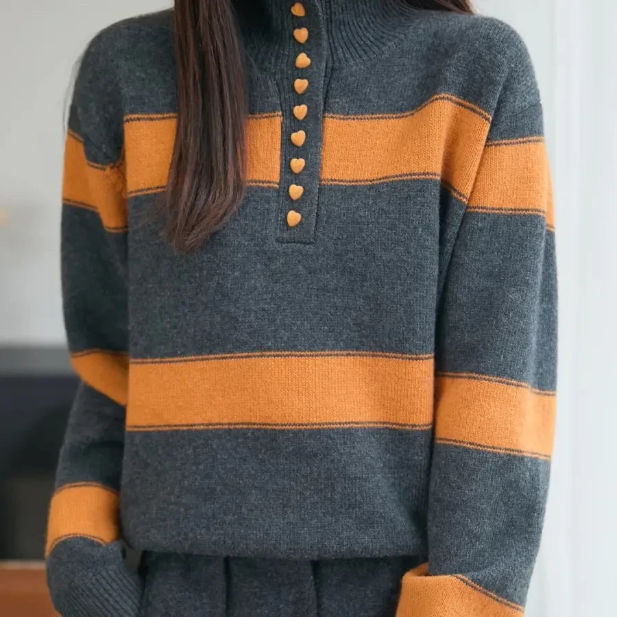 018撞色条纹毛衣女慵懒宽松长袖立领针织打底衫秋冬内搭女装上衣