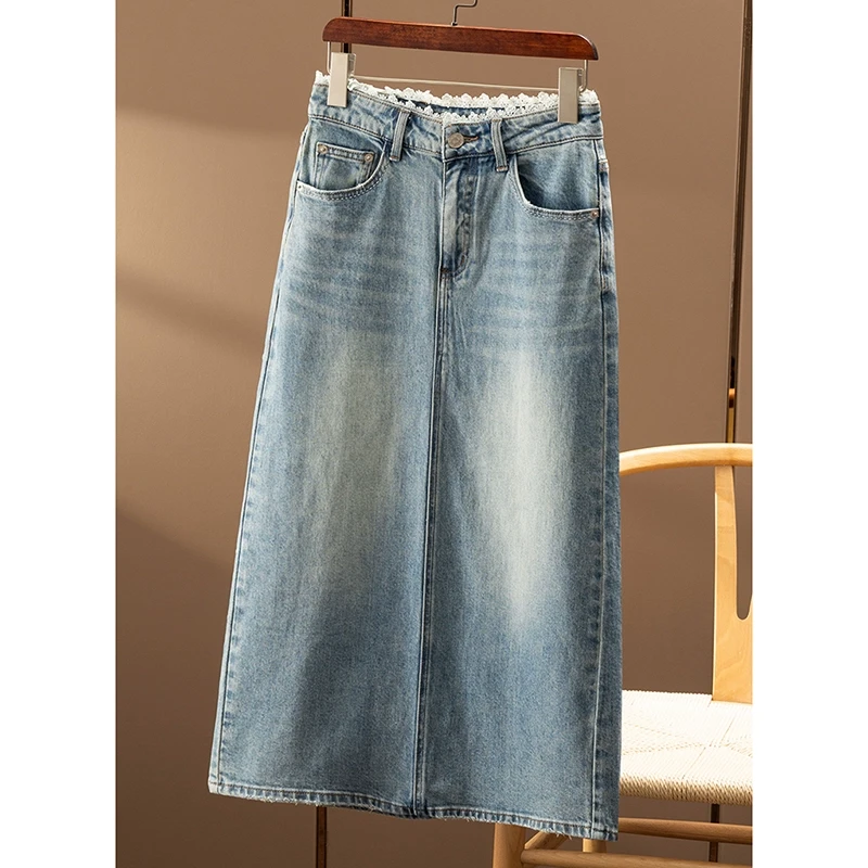 青春万搭 蕾丝钩花小蛮腰 微包臀棉牛仔半身裙春天家女4Z72 特