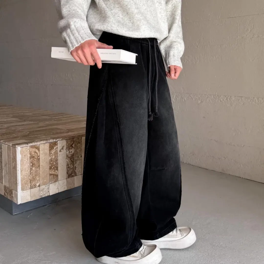 秋冬加绒加厚水洗牛仔宽松直筒弯刀工装百搭休闲长裤260