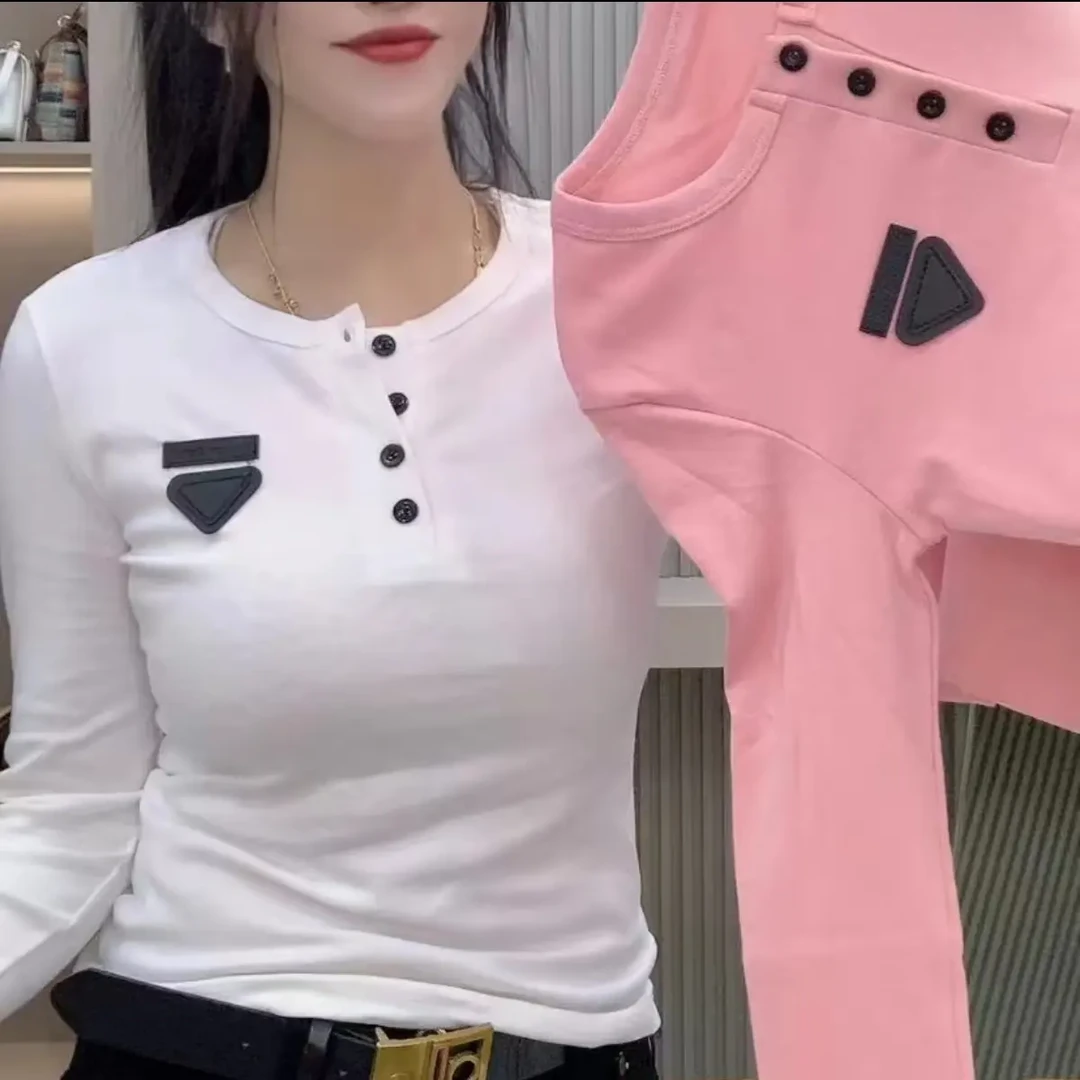 纯色纽扣半开领磨毛长袖t恤女2025秋季新款修身显瘦时尚t恤抗起球