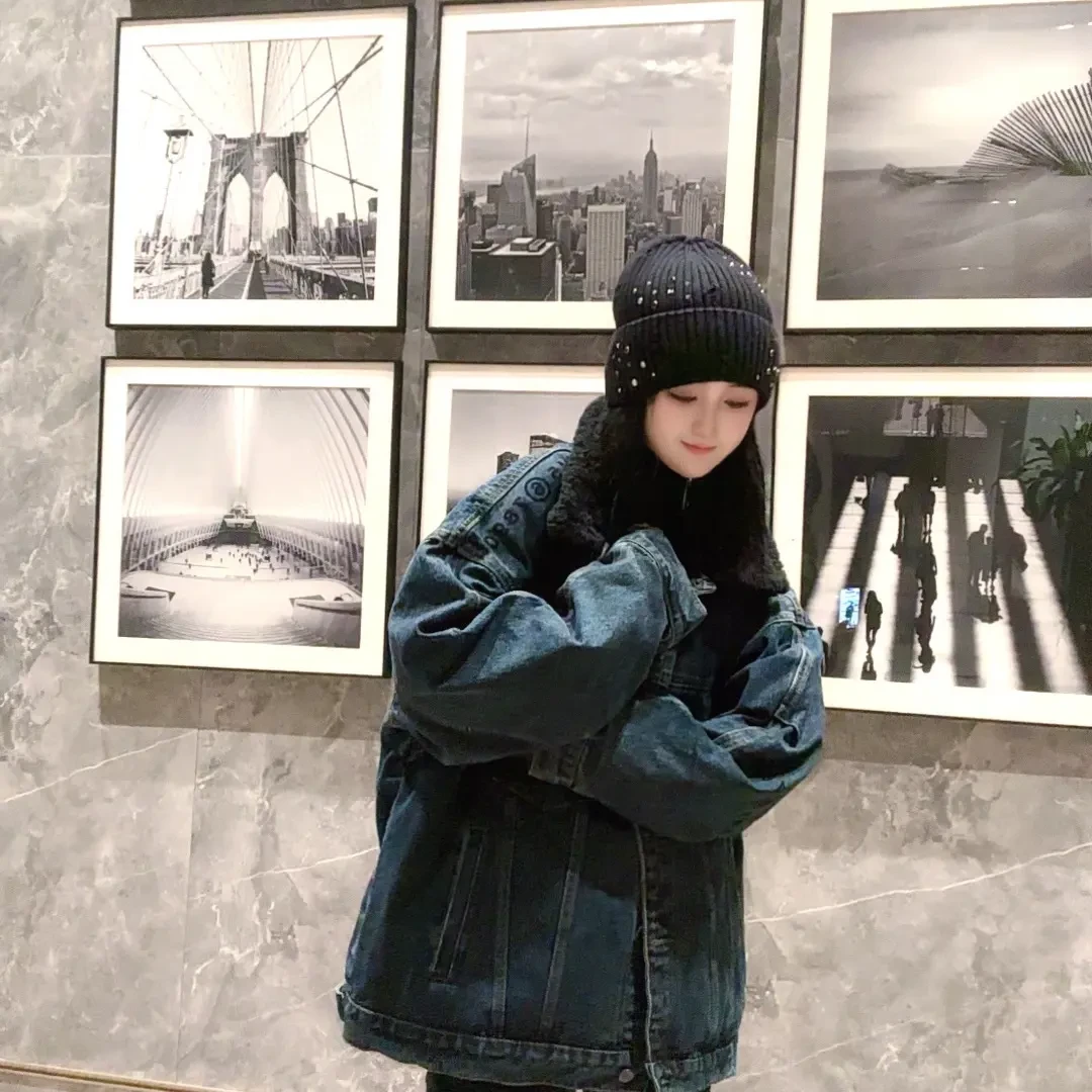 翻领情侣潮流短外套加绒冬季女INS风厚款牛仔570美式休闲百搭