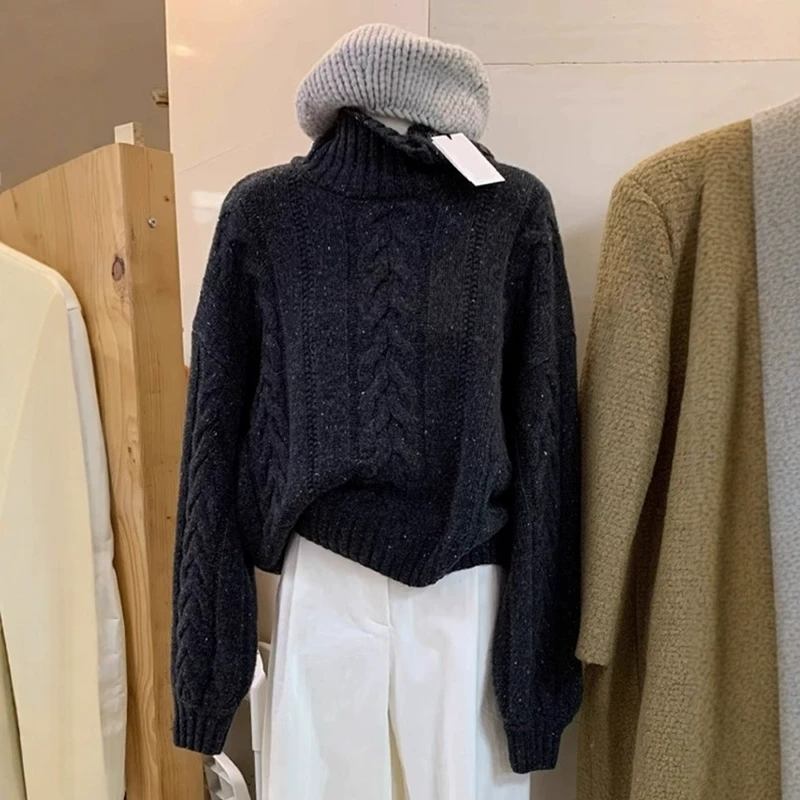 韩系高级感黑色麻花高领毛衣女秋冬加厚慵懒风内搭针织衫外穿上衣