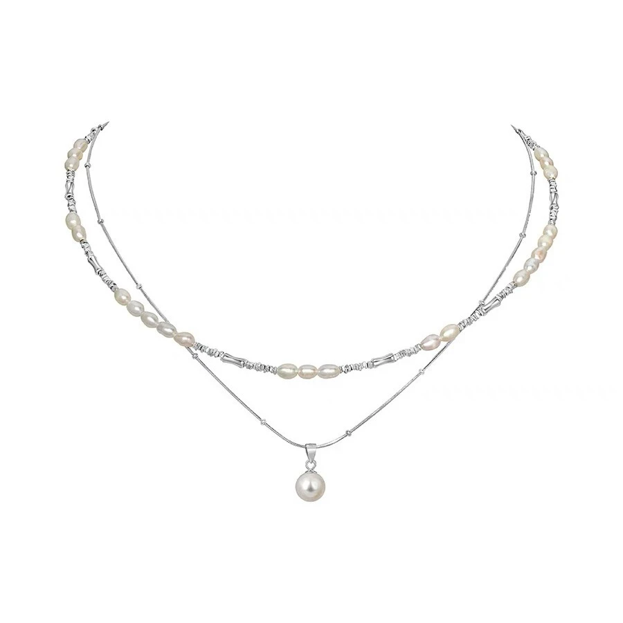 吊坠925银玻璃 碎银子 珍珠项链女轻奢小众竹节双层叠戴锁骨链