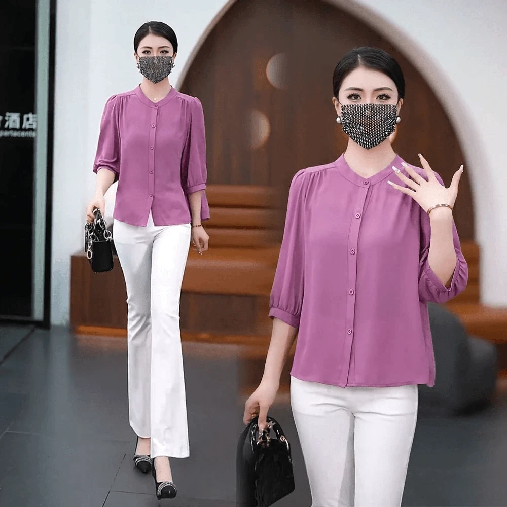 2025春夏季薄款时尚中袖冰丝上衣胖美眉宽松遮肚大码洋气小衫中年