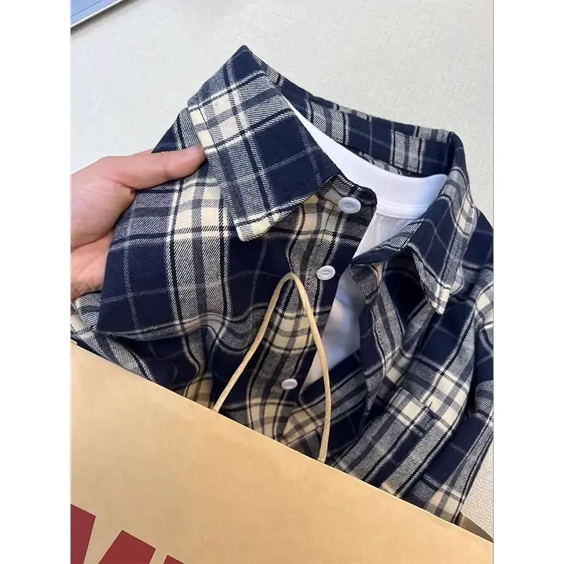 vintage藏青色长袖格子衬衫男春秋季美式复古高级感休闲衬衣外套