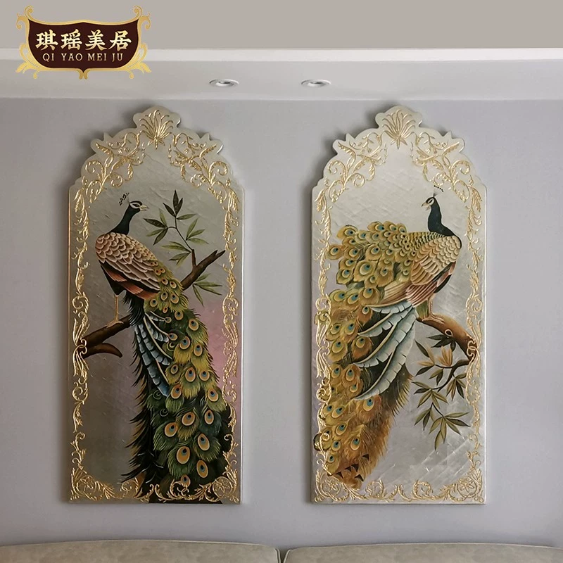 新中式彩绘孔雀双联画欧式竖版过道走廊挂画别墅样板间奢华装饰画