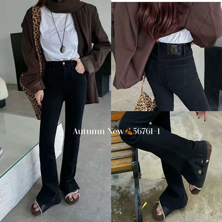 蓝舟2024秋冬腿精微喇裤女裤脚开叉喇叭裤黑色牛仔马蹄裤长裤