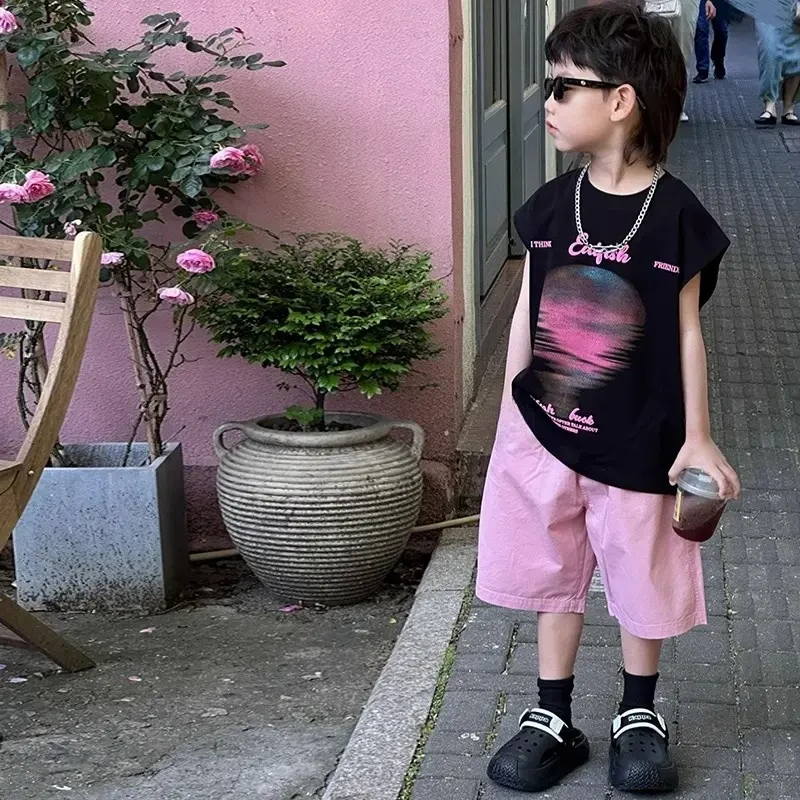 男童夏装套装洋气儿童2025新款男宝夏季背心痞帅小中大童套装潮