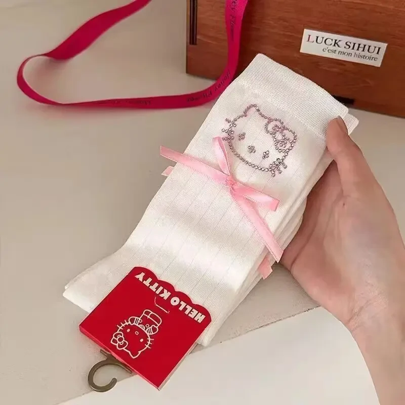 秋季ins蝴蝶结哈喽kitty袜子甜心薄款可爱袜子女中筒白色堆堆袜女