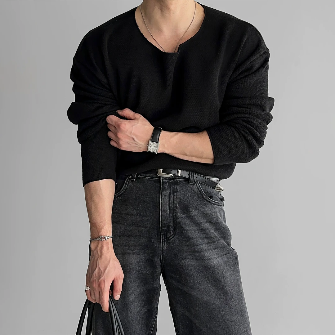 黑色低领打底衫男长袖针织衫T恤男士秋冬季美式休闲慵懒ins风体恤