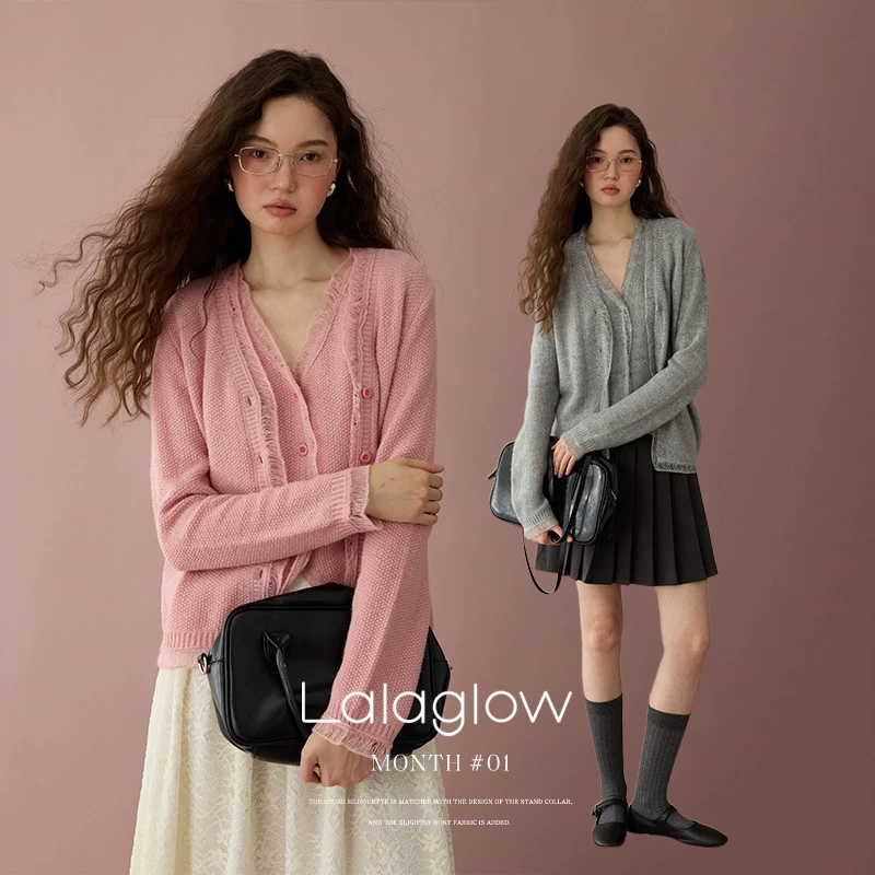 Lalaglow 慵懒风流苏云朵边针织开衫马甲两件套套装女早春新款