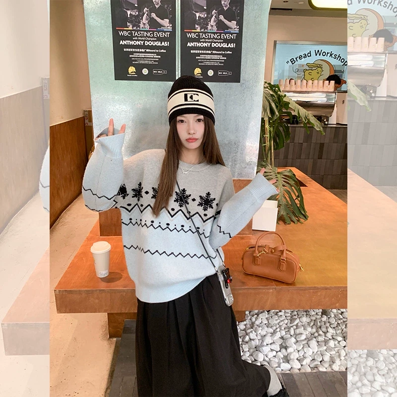 【年末清清】曾小咸雪花拼色圆领毛衣女慵懒宽松针织上衣Z244MP4043