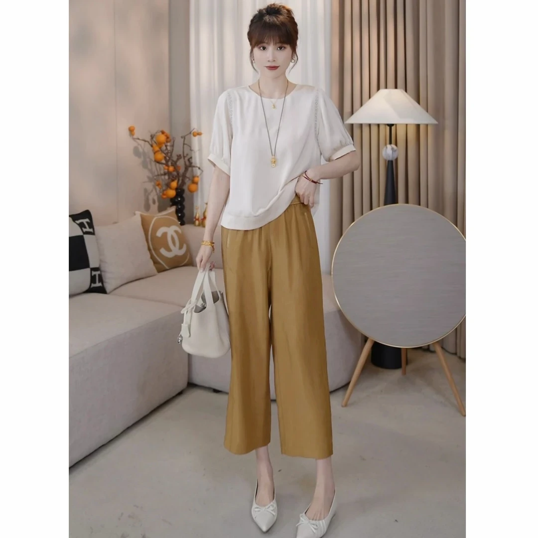 LMENY浮光掠影~仿醋酸缎面松紧腰显瘦小直筒九分裤