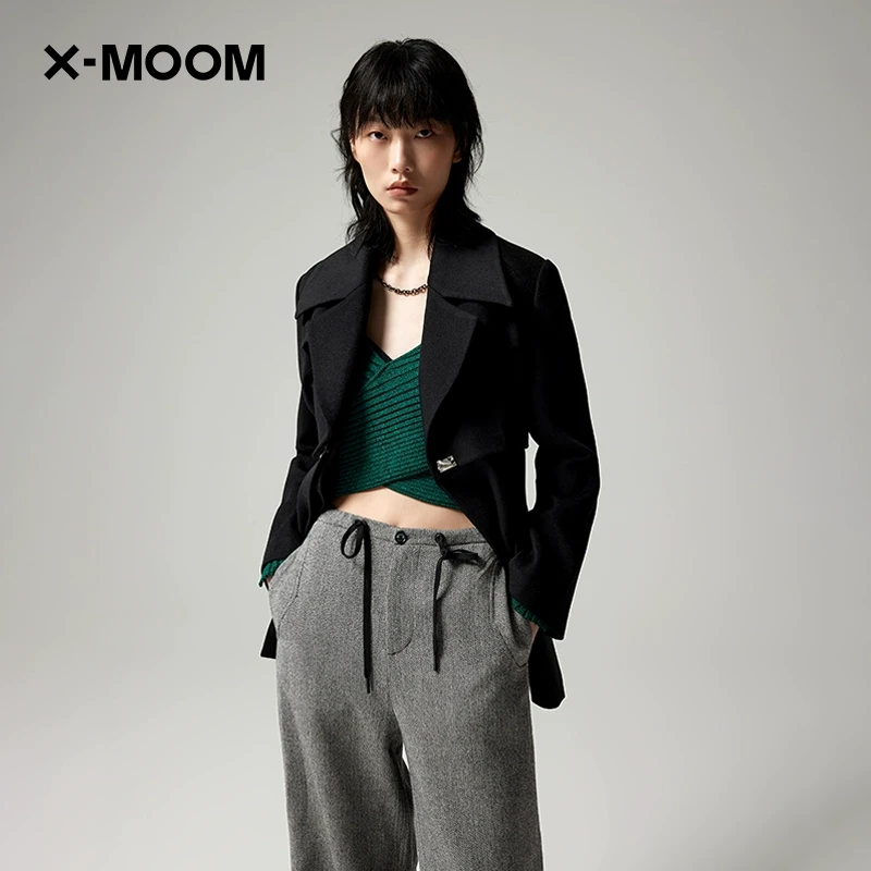 X--MOOM冬季新款毛料拼接高街版中长款大衣外套ZVDFW19197