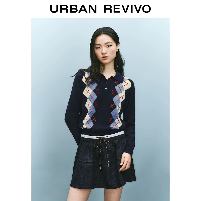 UR2025春季新款女装欧若风复古学院菱格针织衫UYU950045