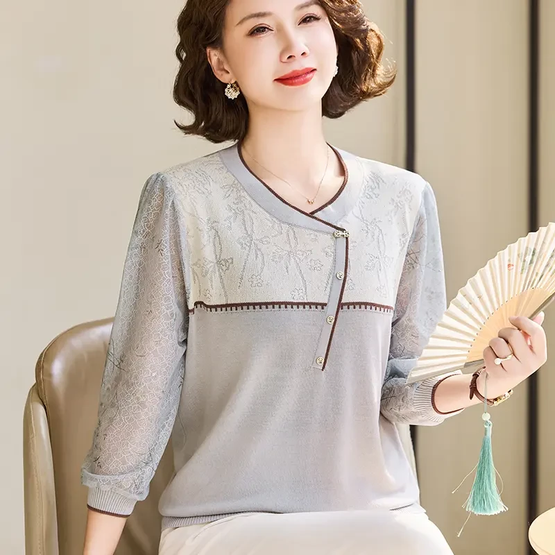 洋气妈妈装小衫2025新款春夏七分袖T恤中老年女减龄纱袖打底上衣
