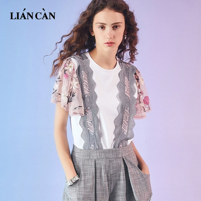 莲灿2025甜美拼接刺绣蕾丝蝴蝶袖白色针织短袖T恤7121211009