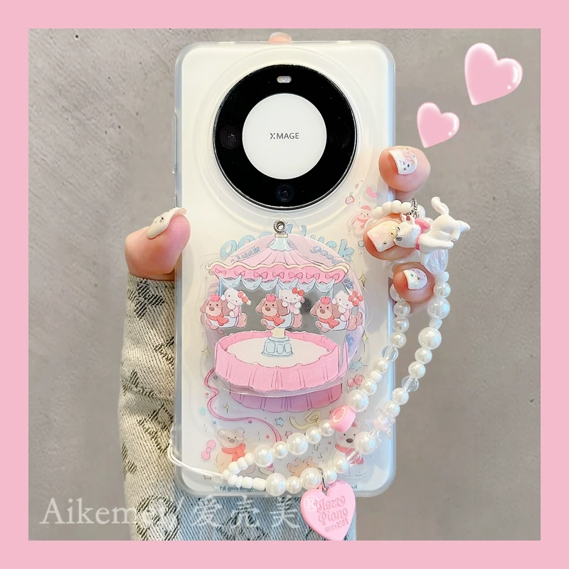 适用华为mate70pro+手机壳KT猫腊肠狗mate60pro+旋转木马磁吸支架