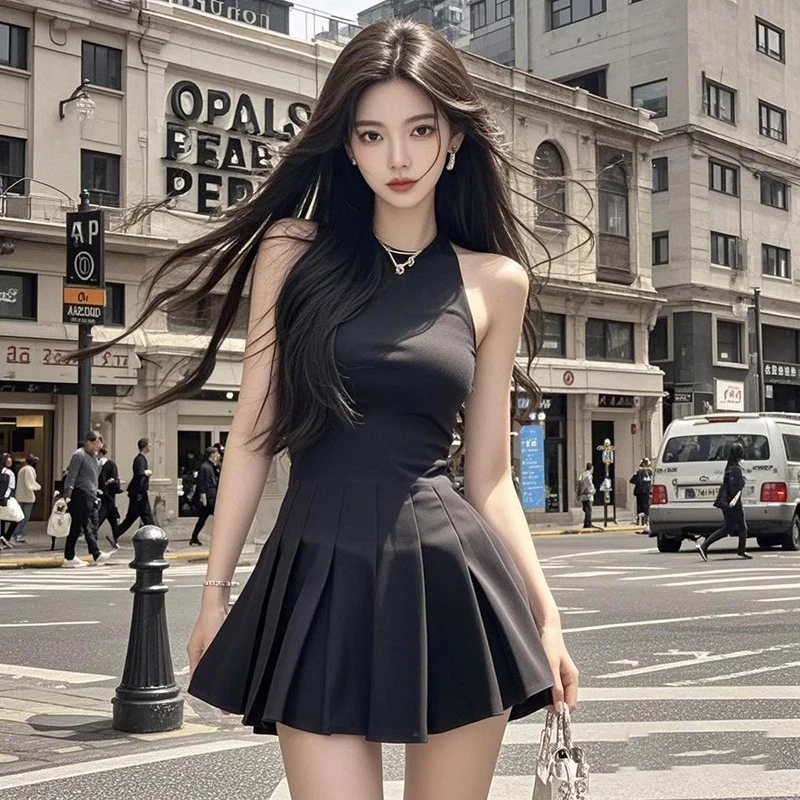 【GK】性感黑色无袖百褶拼接气质收腰显瘦连衣裙辣妹夏季修身女装