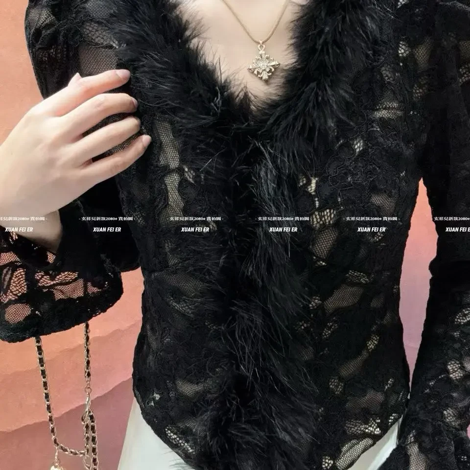 秋冬轻熟风性感加绒蕾丝长袖修身打底衫时尚百搭上衣