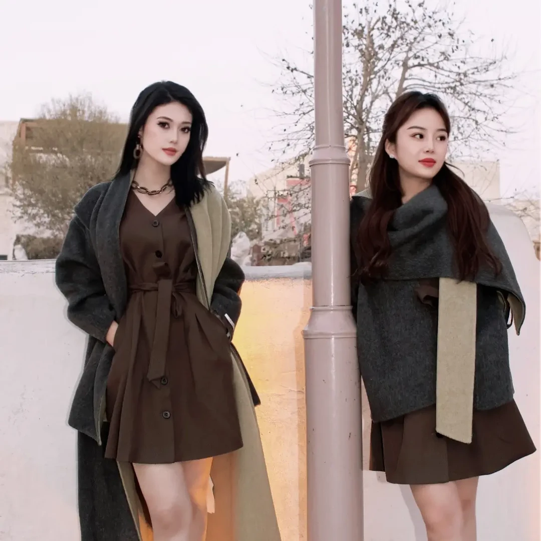 疆绸秋冬高级双面羊毛长款外套 自带一体围巾 杏卡其灰三色