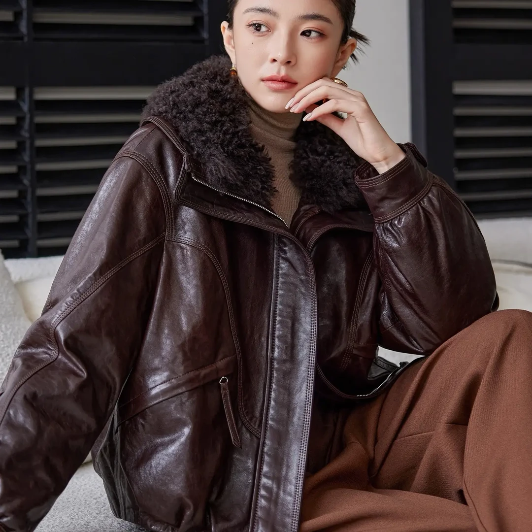 小乔家油蜡拼皮毛一体毛领外套