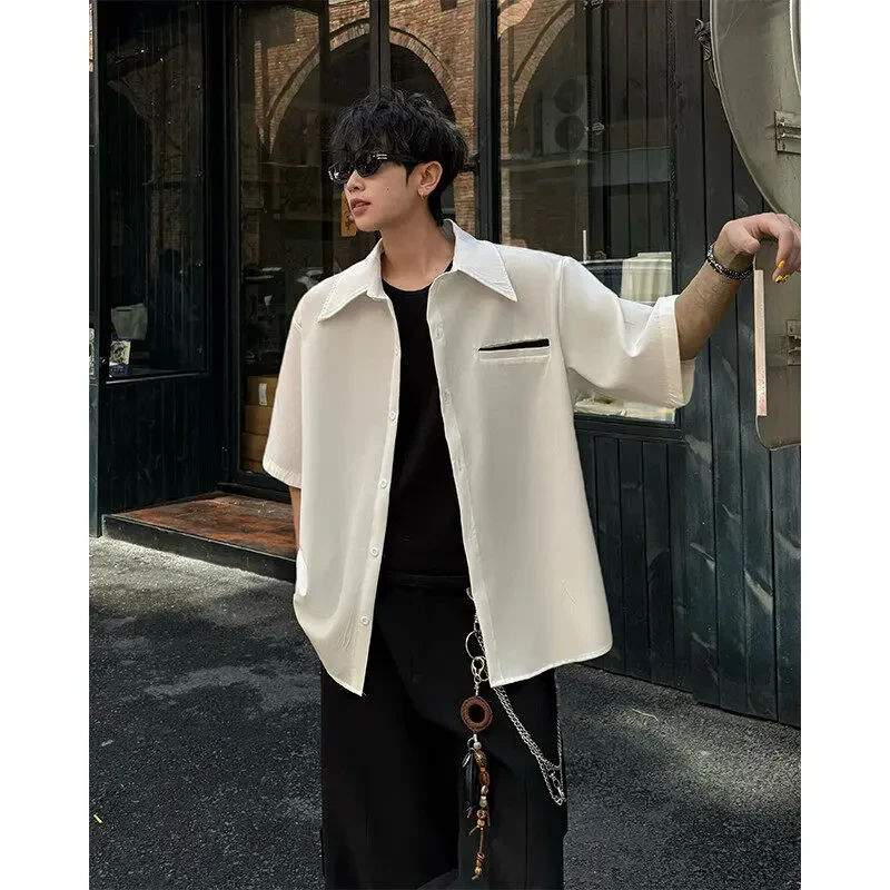 白色冰丝短袖衬衫男款夏季美式oversize潮牌翻领半袖宽松衬衣外套