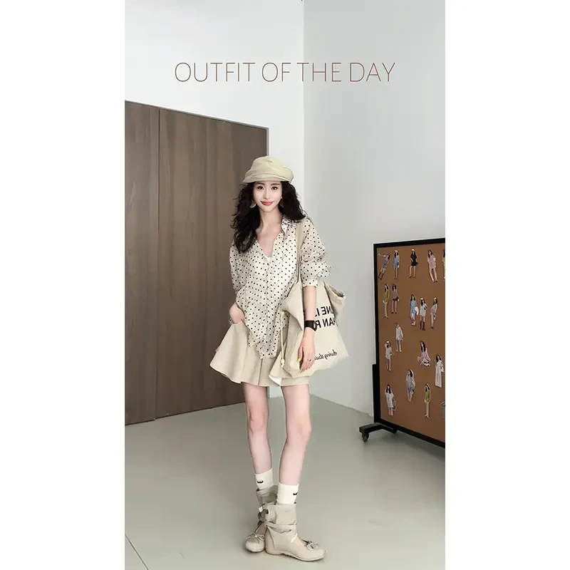 2025秋季新款韩系穿搭薄款宽松百搭波点开衫上衣高腰显瘦阔腿短裤