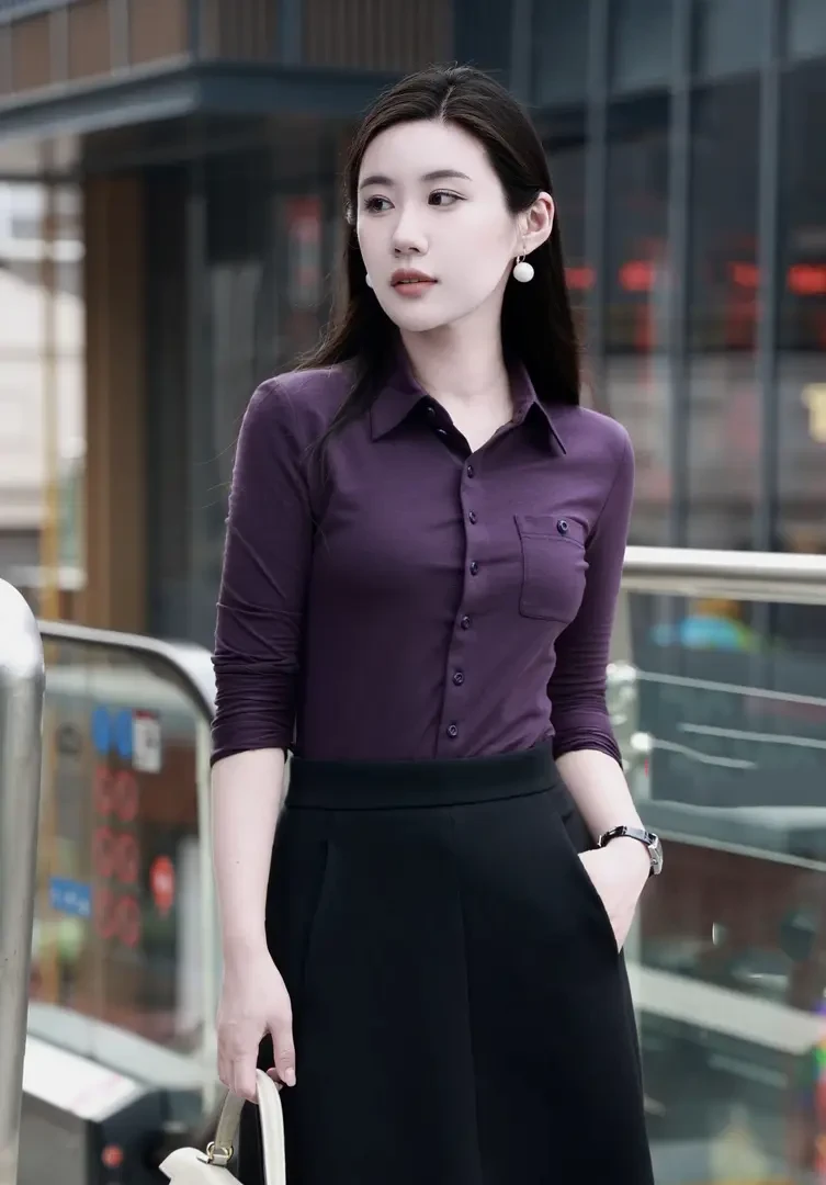 【商场同款】2025秋新款纯色衬衣莫代尔口袋修身长袖衬衫女1300820