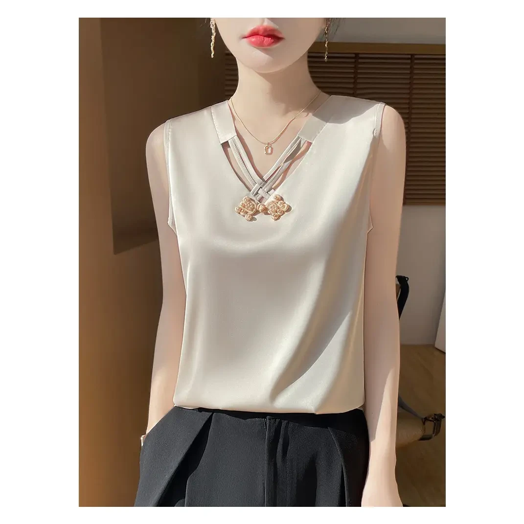 重磅时髦中国风V领女气质内搭雪纺衫女缎面通勤新国风出游服装女