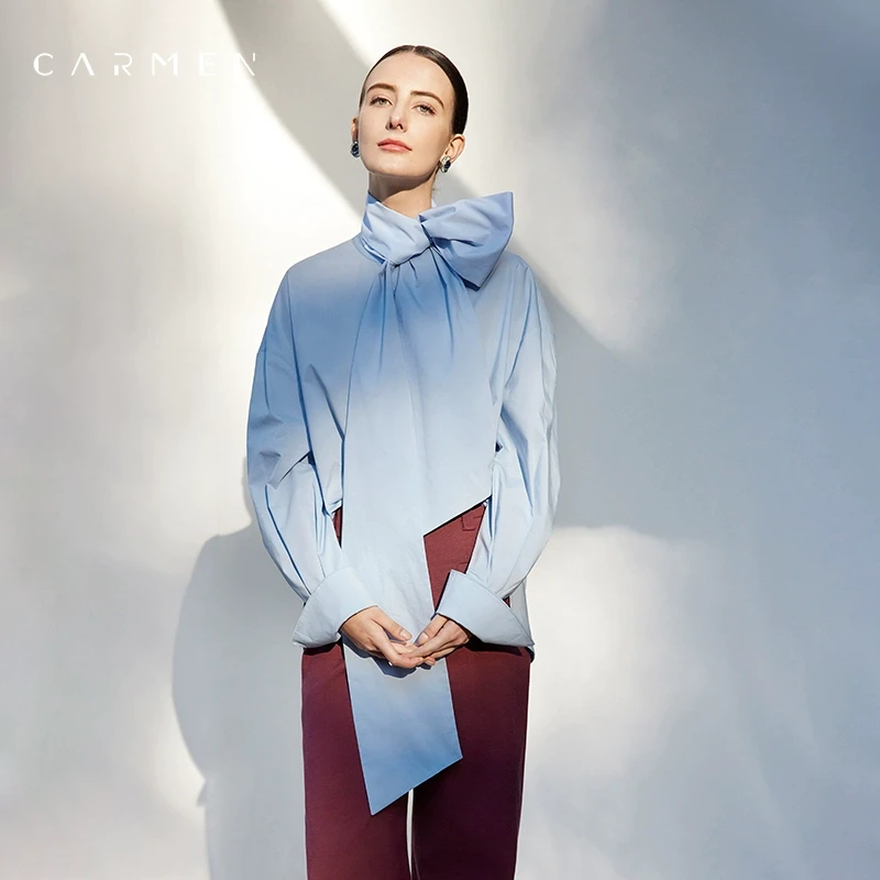 Carmen高端新疆长绒棉蝴蝶结衬衫女上衣25春宽松大码抗皱职业衬衣