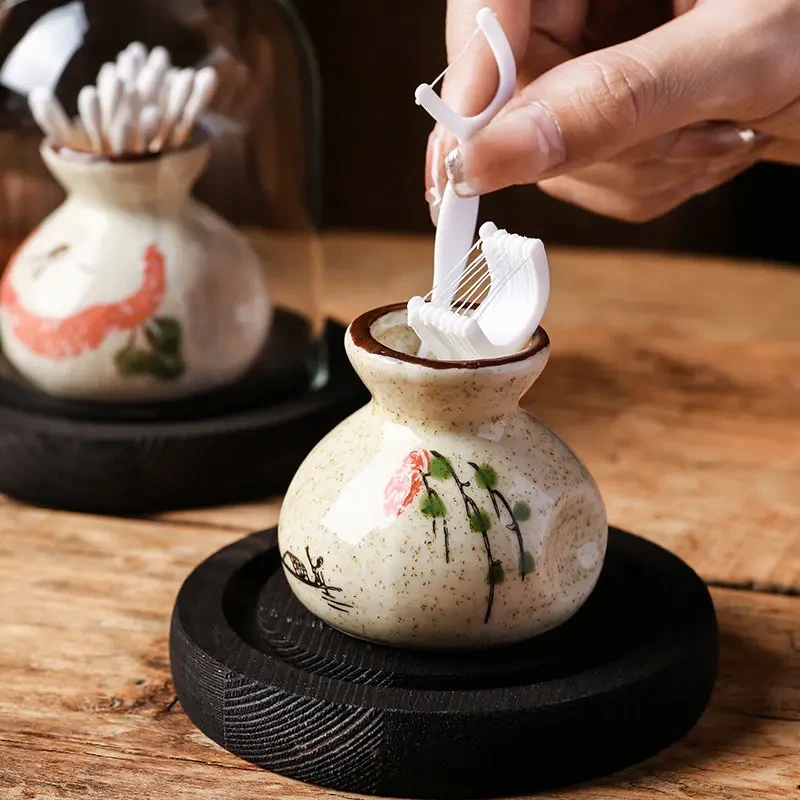 新中式陶瓷牙签罐民宿复古手绘小摆件花瓶装饰牙线收纳盒牙签盒