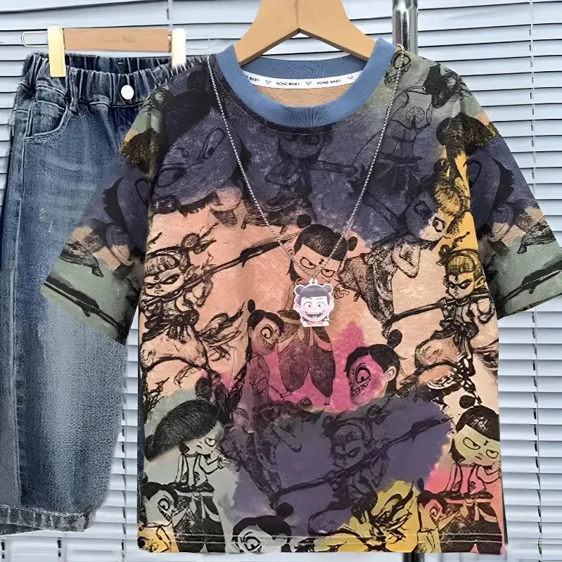 2025男童夏季新款卡通动漫扎染宽松透气短袖T恤潮中小童洋气时尚